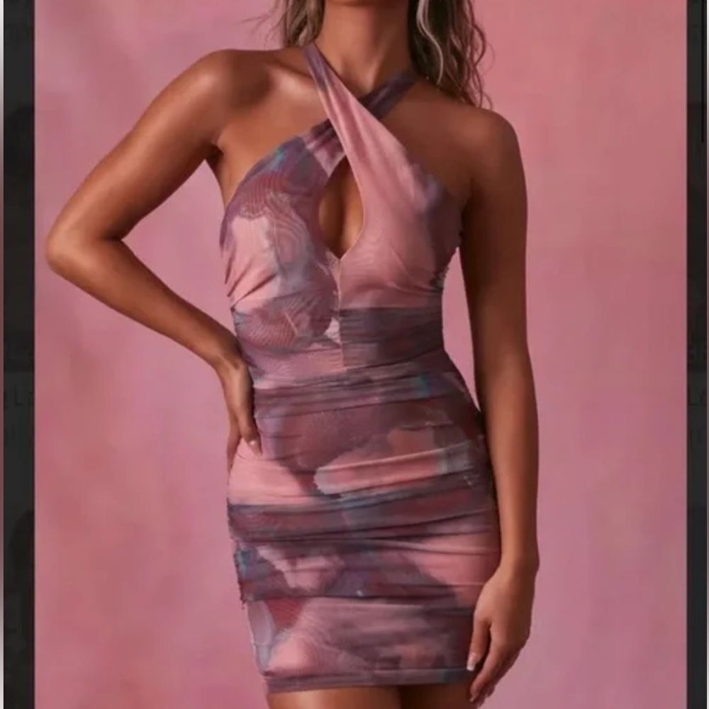 Oh Polly Out Of This World Multicolor Crossover Mini Dress in Blush